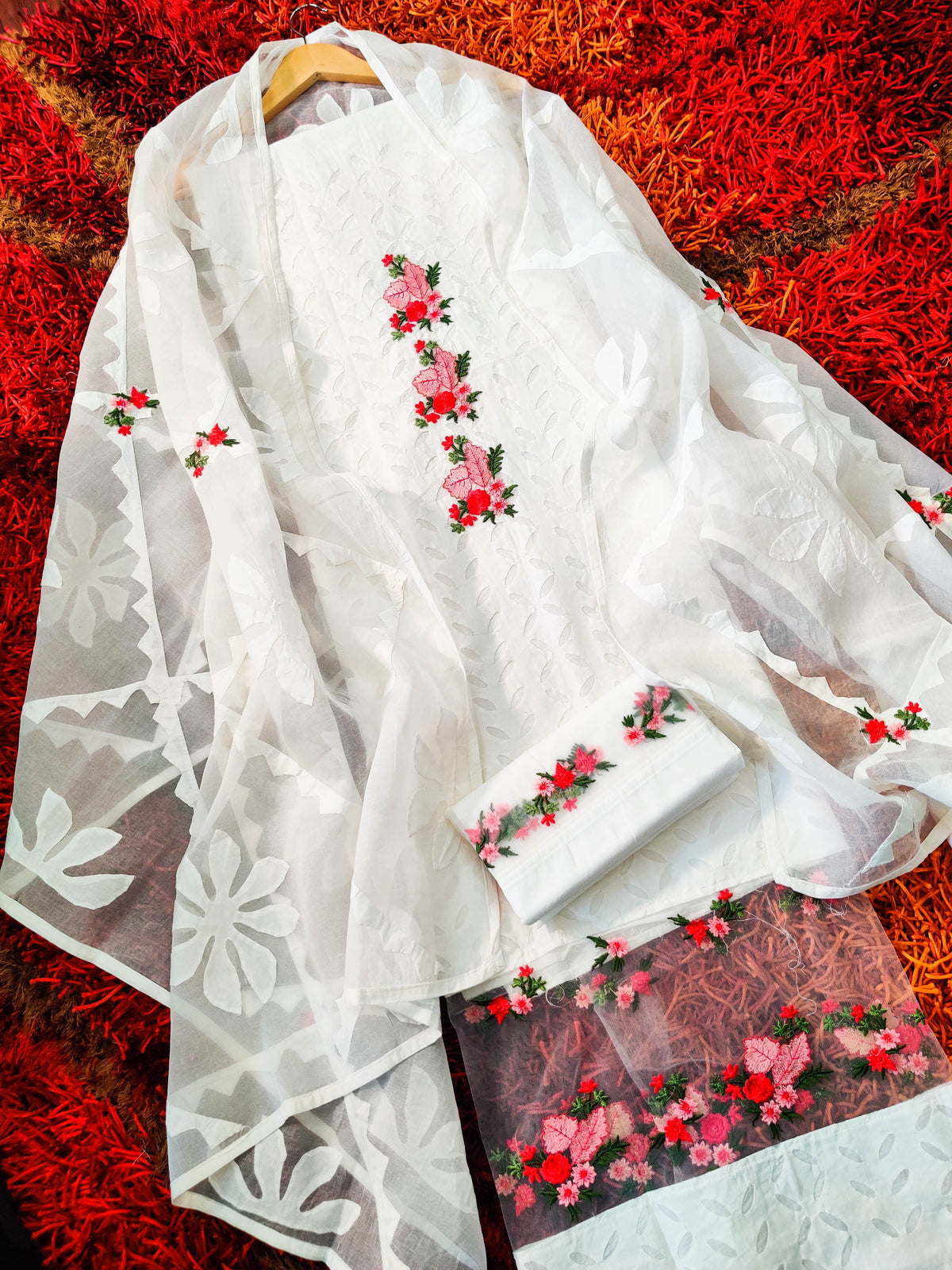 White Sindh Craft Unstitched Dress Material Suit Set