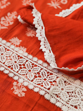 Orange Cotton Handblock Adorned with Elegant White Lace Unstitched Dress Material Suit Set