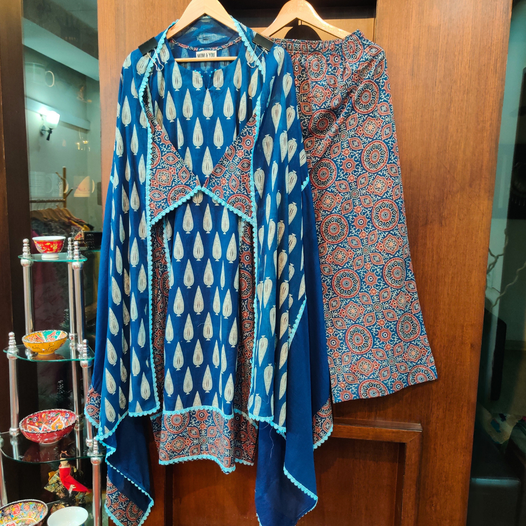 Blue Paisley Ajrakh Cotton Stitched Suit Set