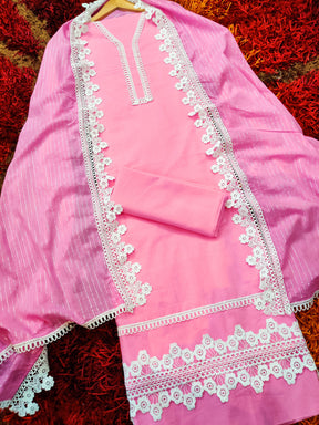 Pink Cotton Adorned with Elegant White Lace Unstitched Dress Material Suit Set