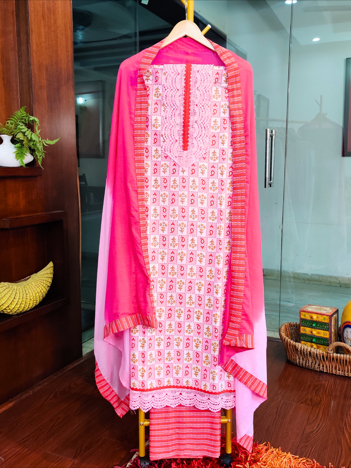 White and Pink Cotton Unstitched Dress Material Suit Set