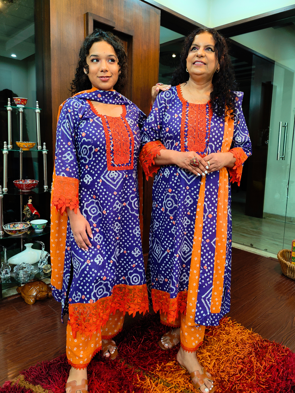 Purple Bandhej Italian Lace Cotton Stitched Suit Set