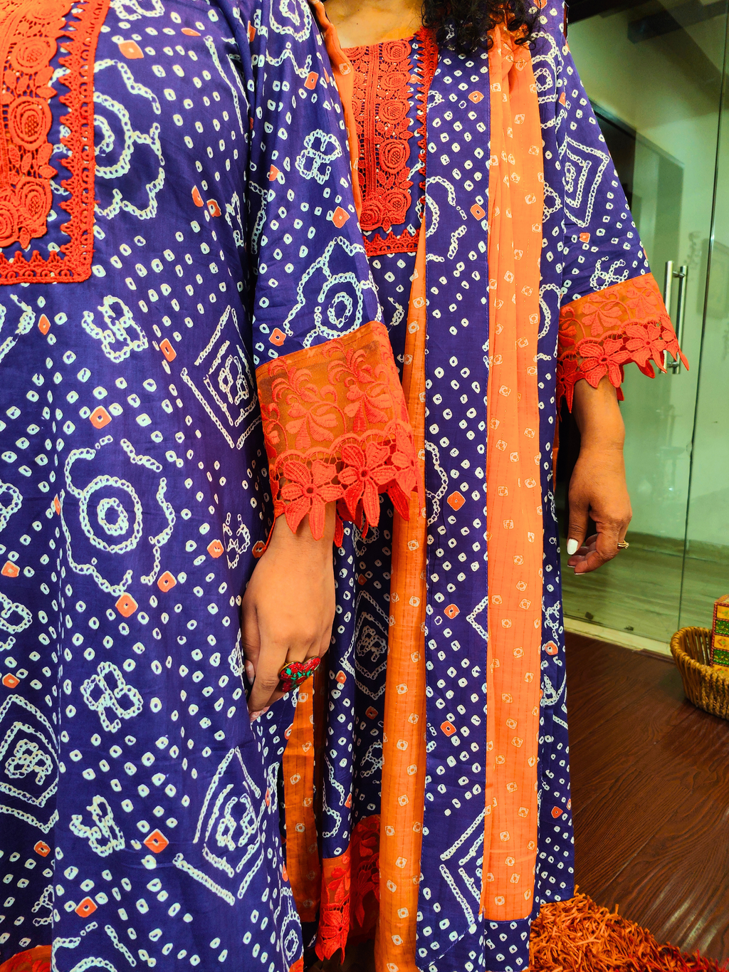 Purple Bandhej Italian Lace Cotton Stitched Suit Set