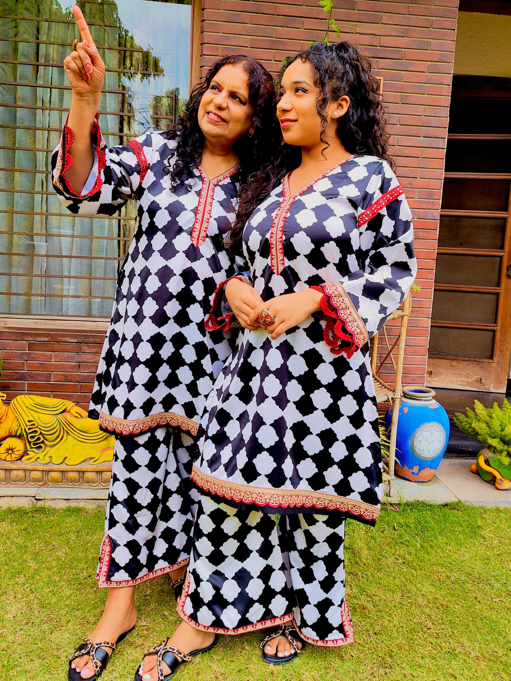 White and Black Satin Silk Maroon Lace Stitched Co-Ord Set