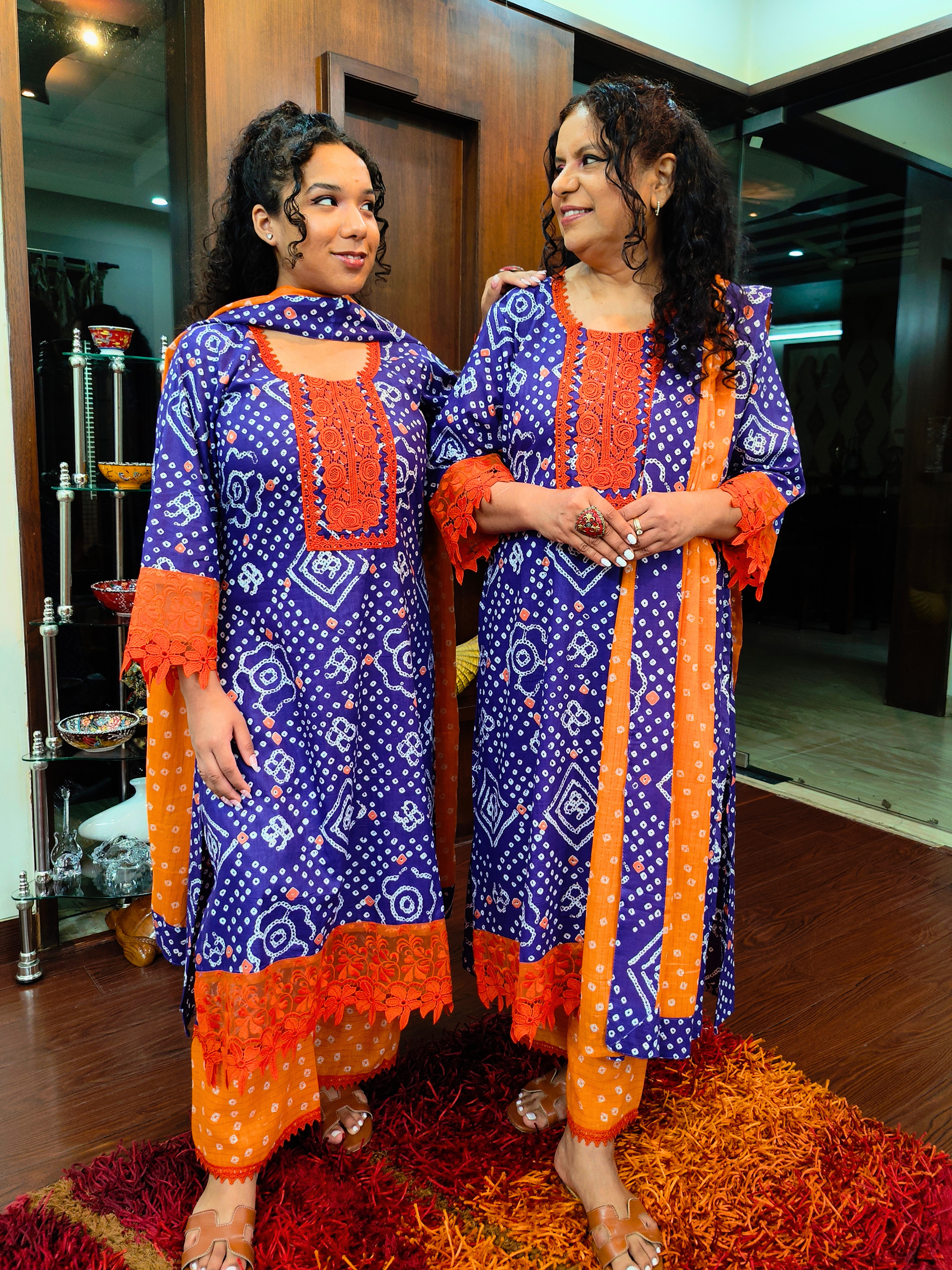 Purple Bandhej Italian Lace Cotton Stitched Suit Set