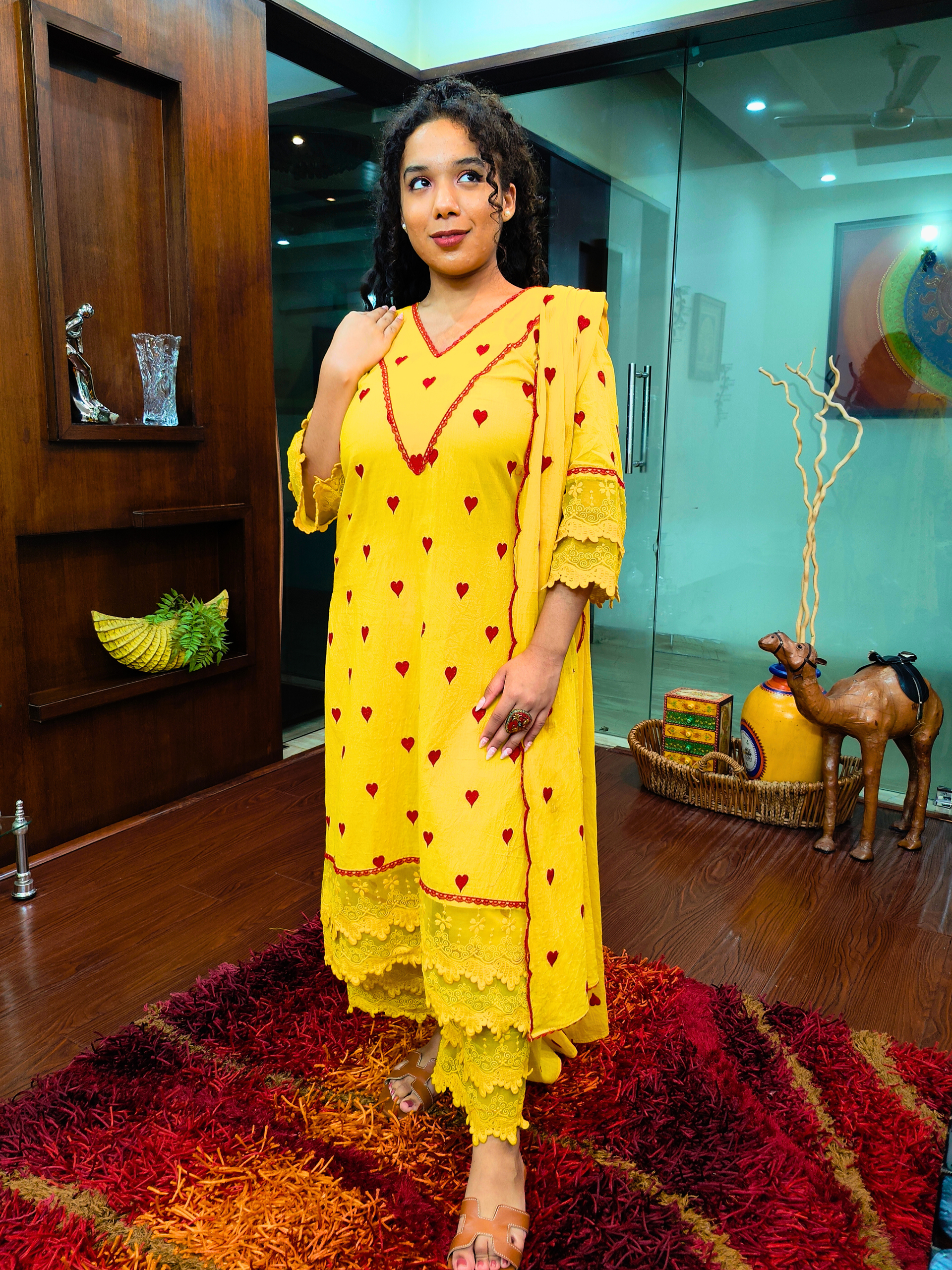 Yellow Heart Embroidered Italian Lace Stitched Suit Set