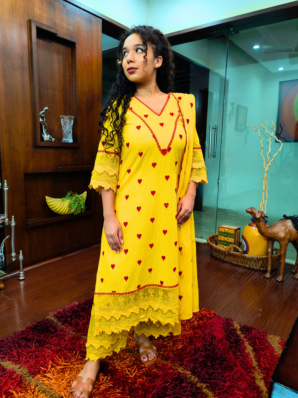 Yellow Heart Embroidered Italian Lace Stitched Suit Set