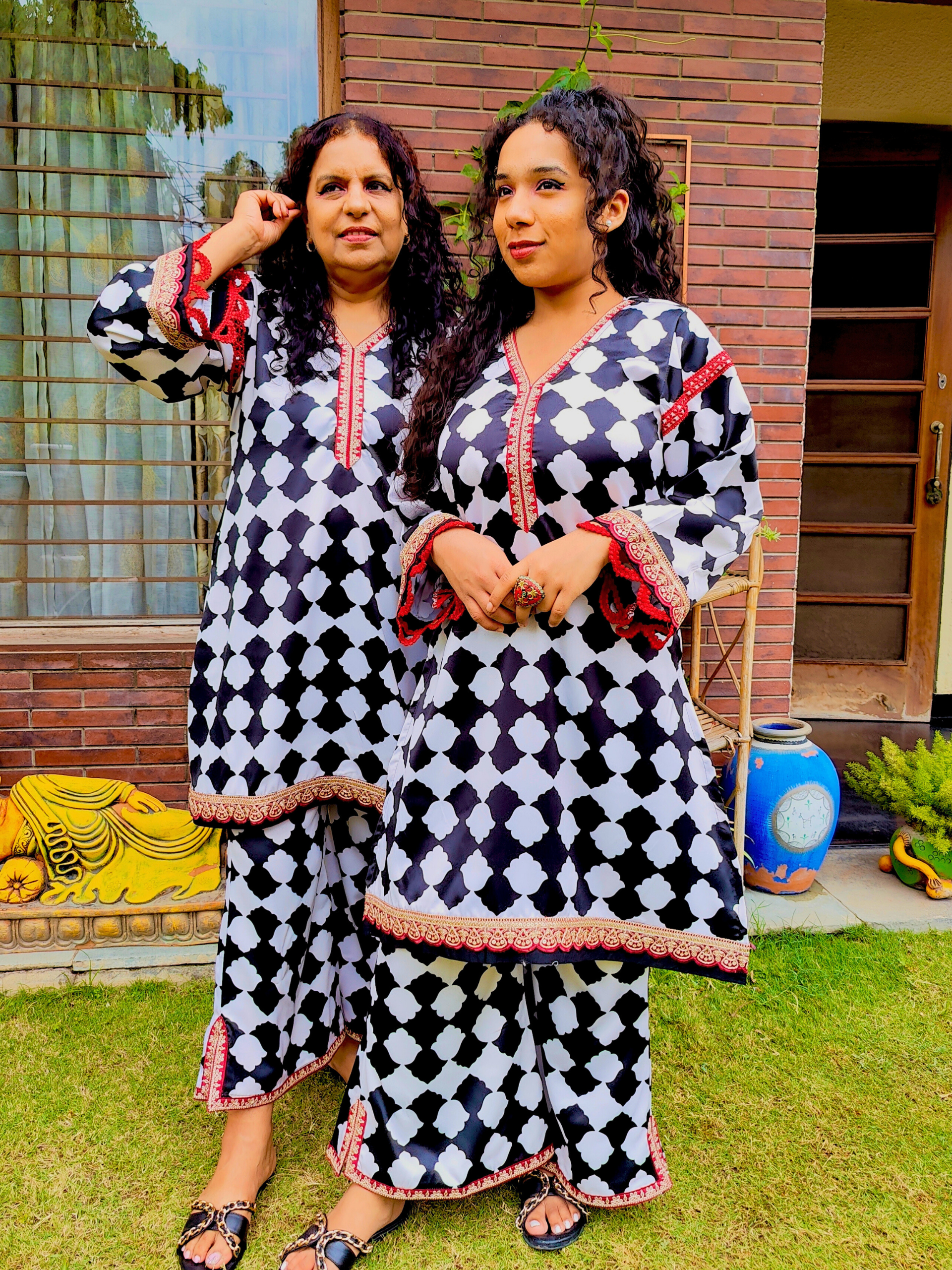 White and Black Satin Silk Maroon Lace Stitched Co-Ord Set