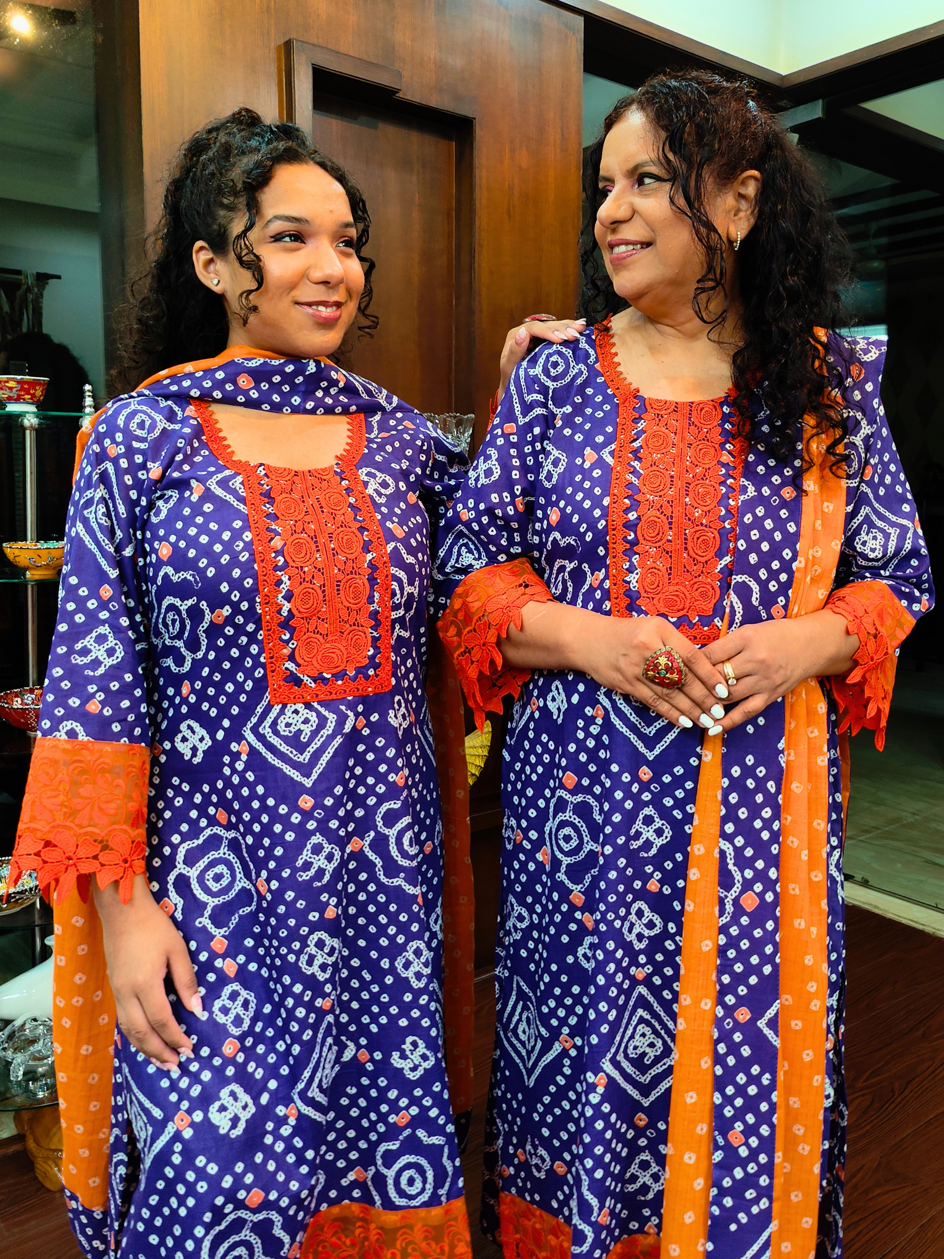 Purple Bandhej Italian Lace Cotton Stitched Suit Set