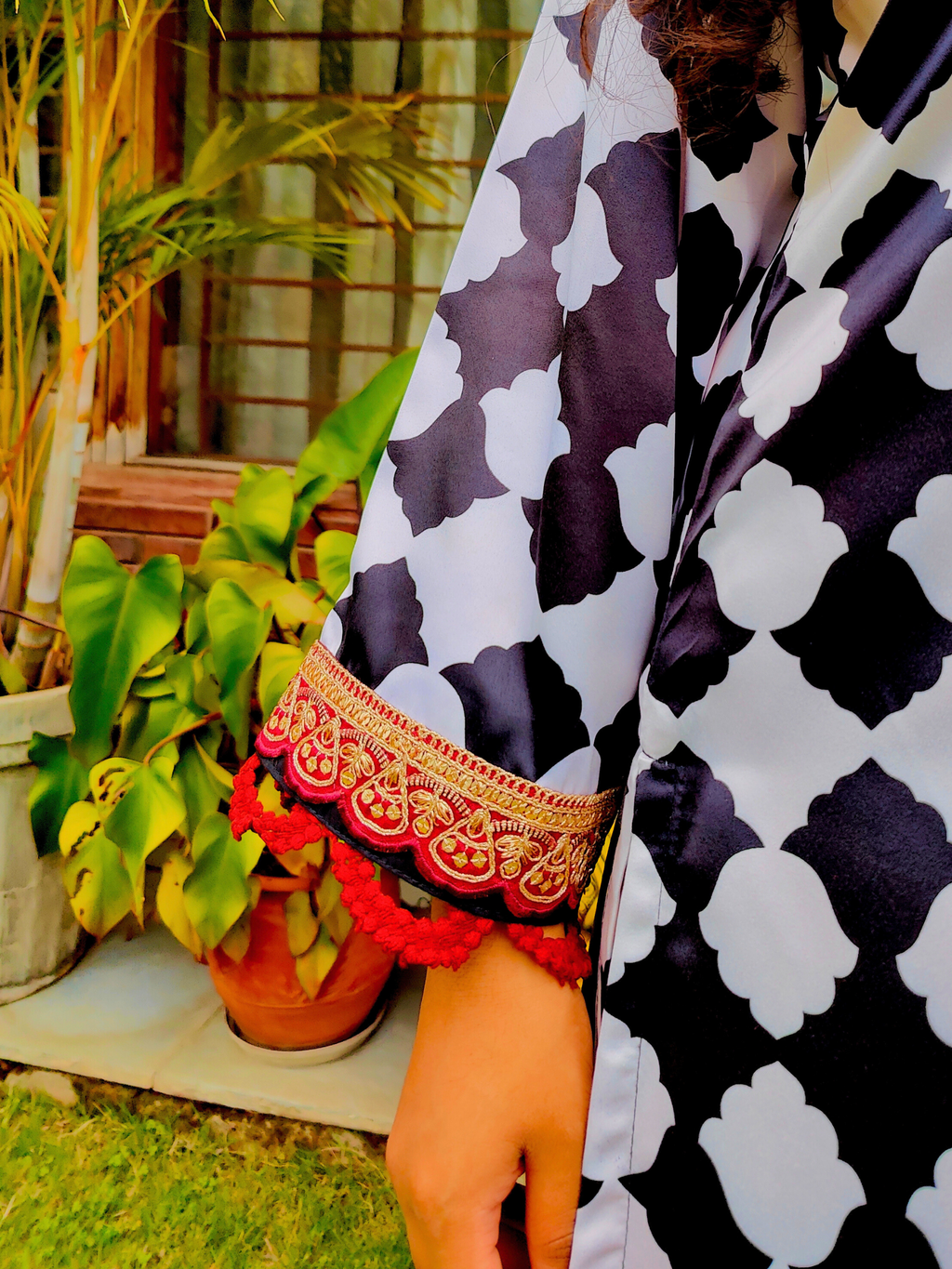 White and Black Satin Silk Maroon Lace Stitched Co-Ord Set