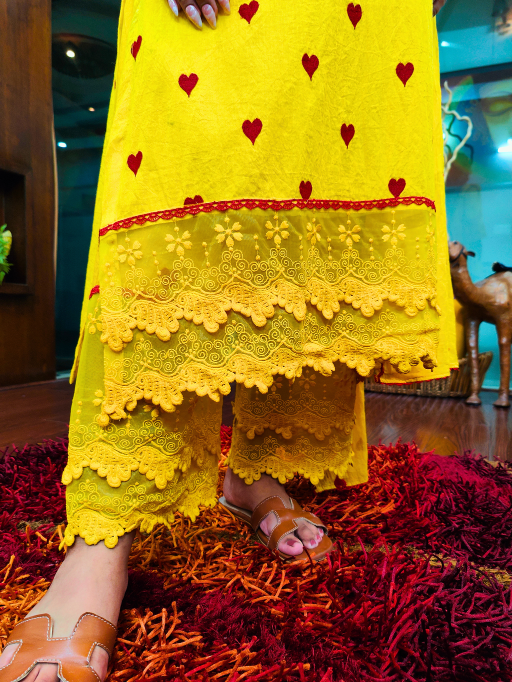 Yellow Heart Embroidered Italian Lace Stitched Suit Set