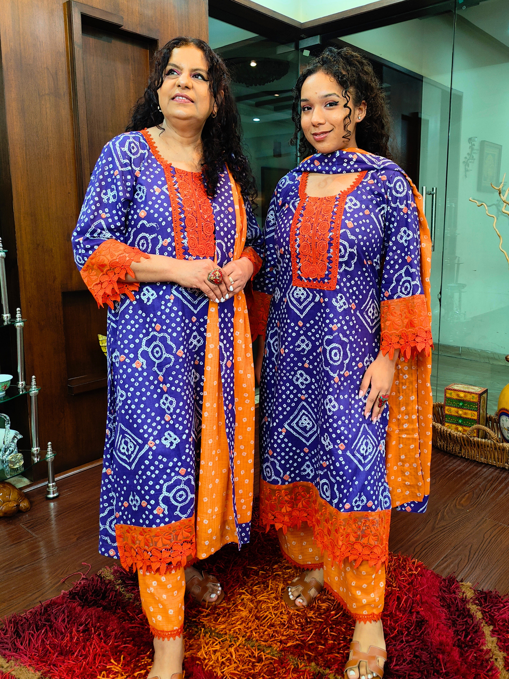 Purple Bandhej Italian Lace Cotton Stitched Suit Set