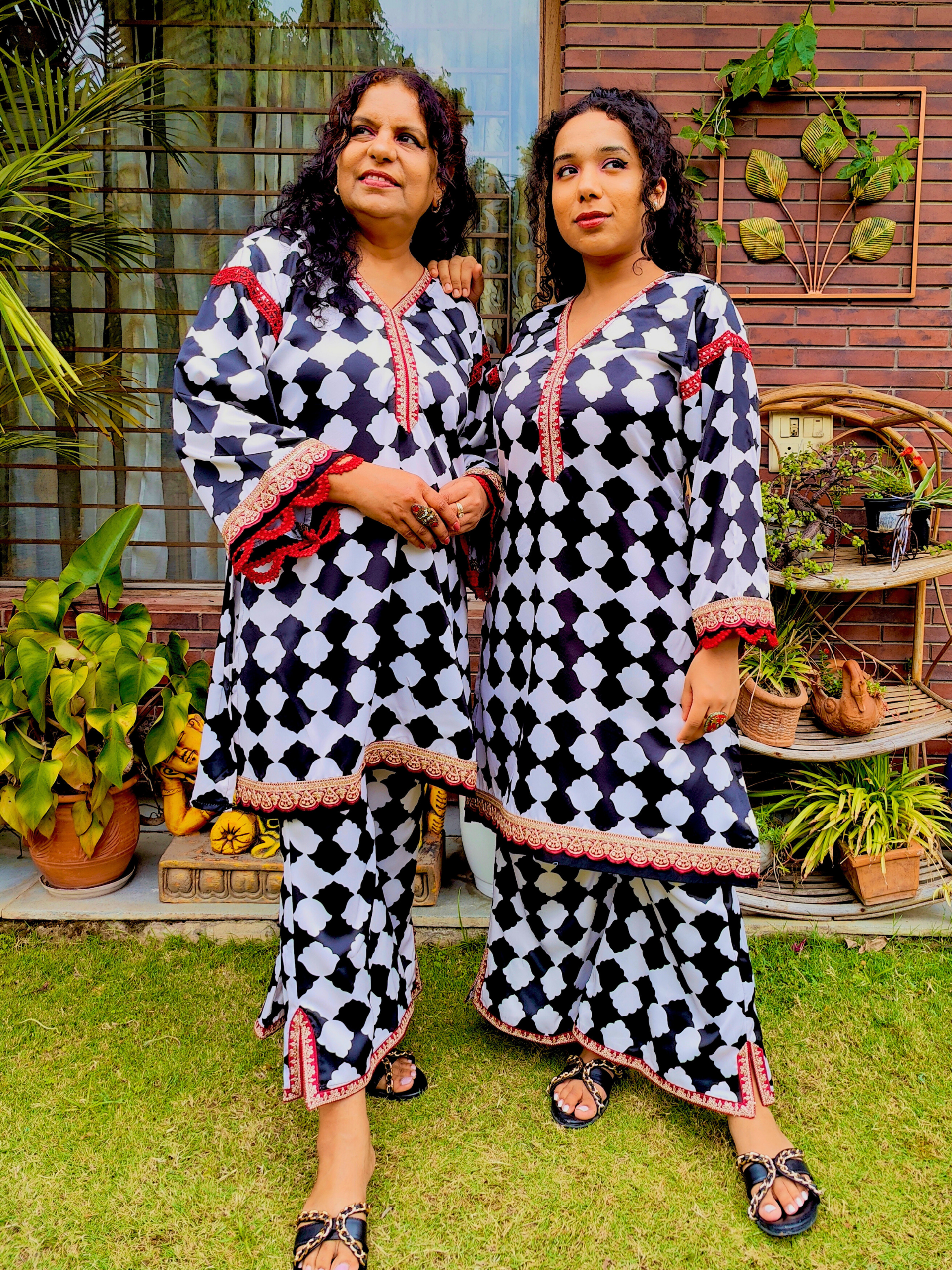 White and Black Satin Silk Maroon Lace Stitched Co-Ord Set