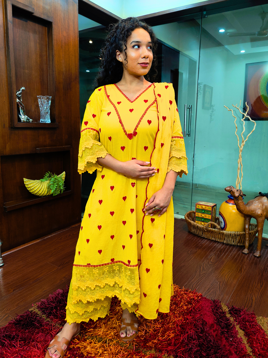 Yellow Heart Embroidered Italian Lace Stitched Suit Set