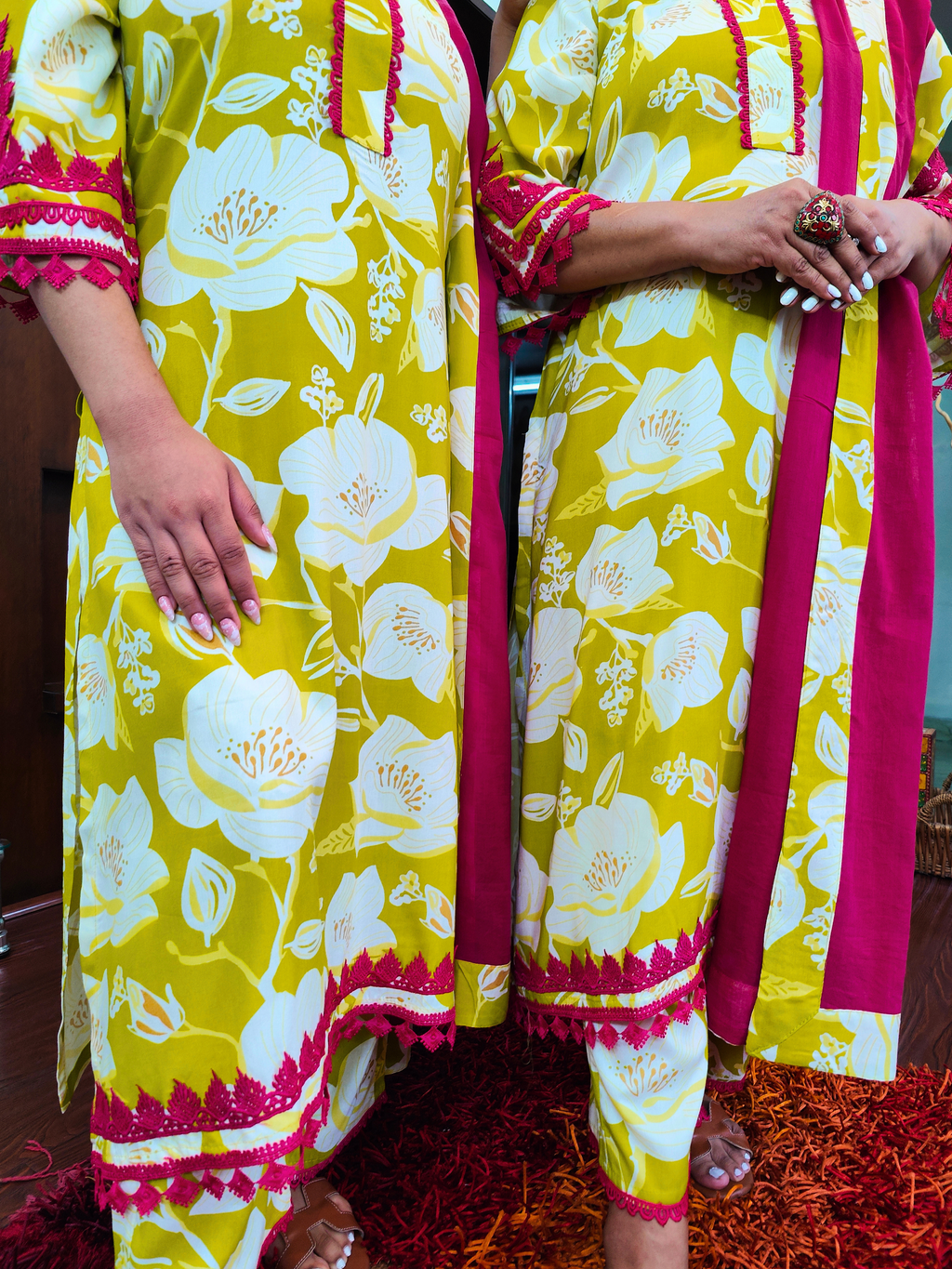 Lime Green Digital Printed Magenta Lace Cotton Stitched Suit Set