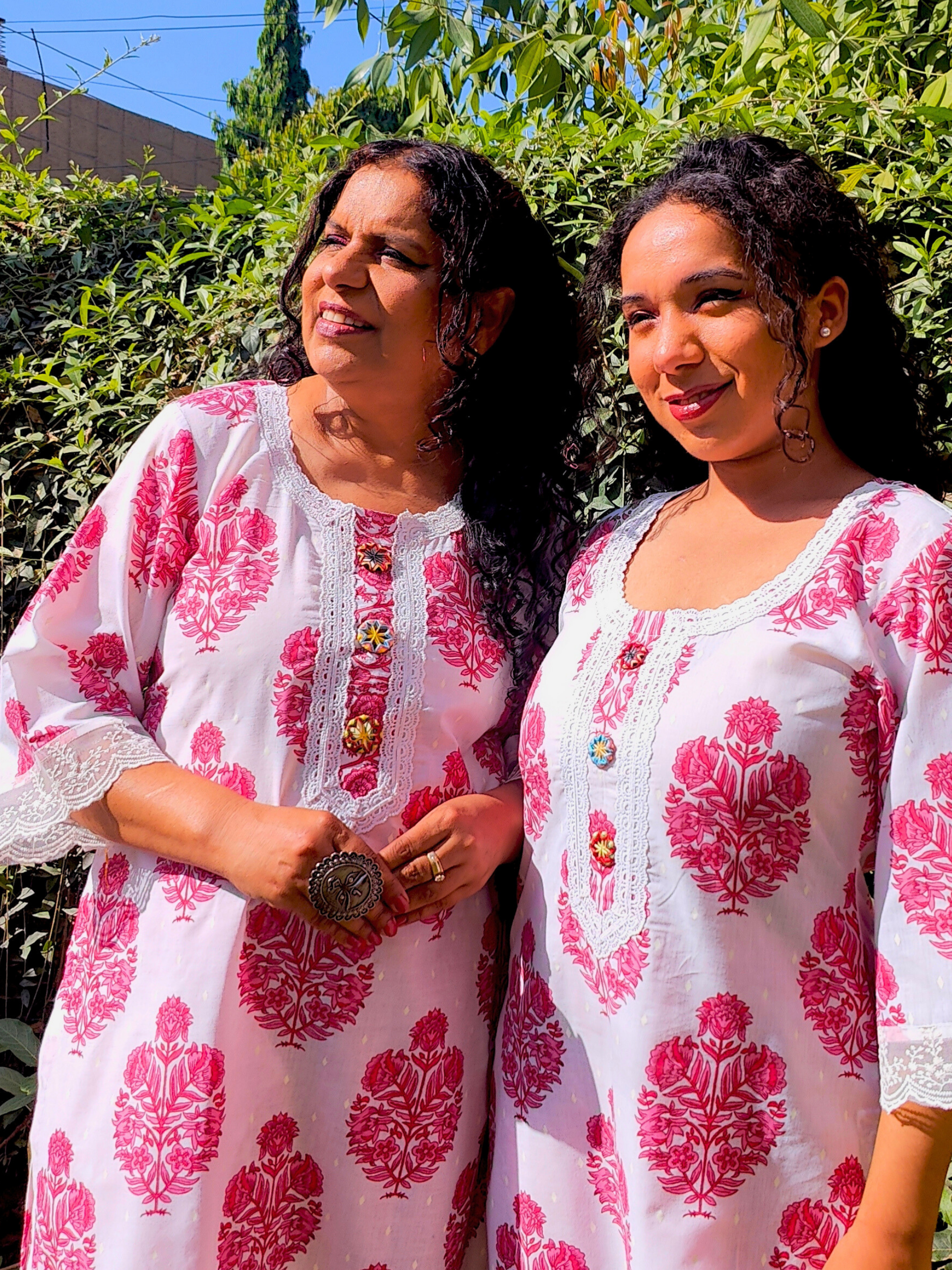 White Handblock Cotton Stitched Co-Ord Set with Mirrors