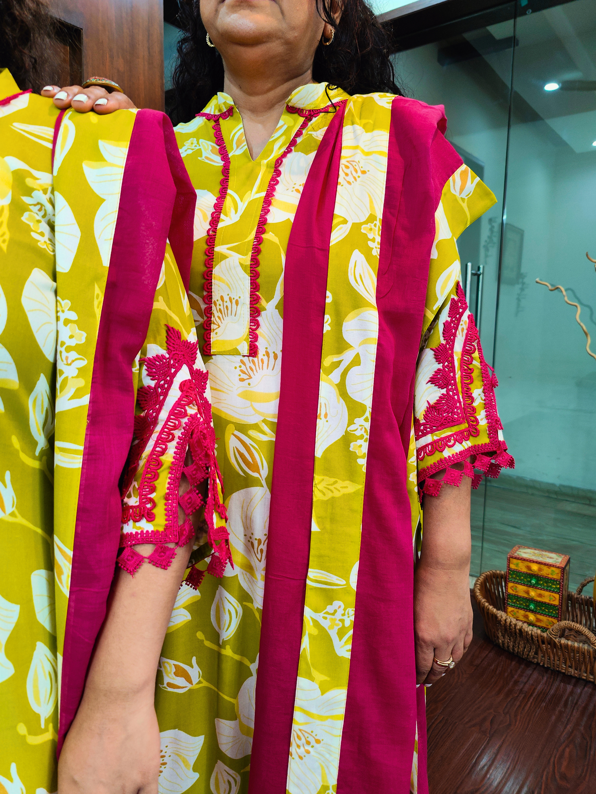 Lime Green Digital Printed Magenta Lace Cotton Stitched Suit Set
