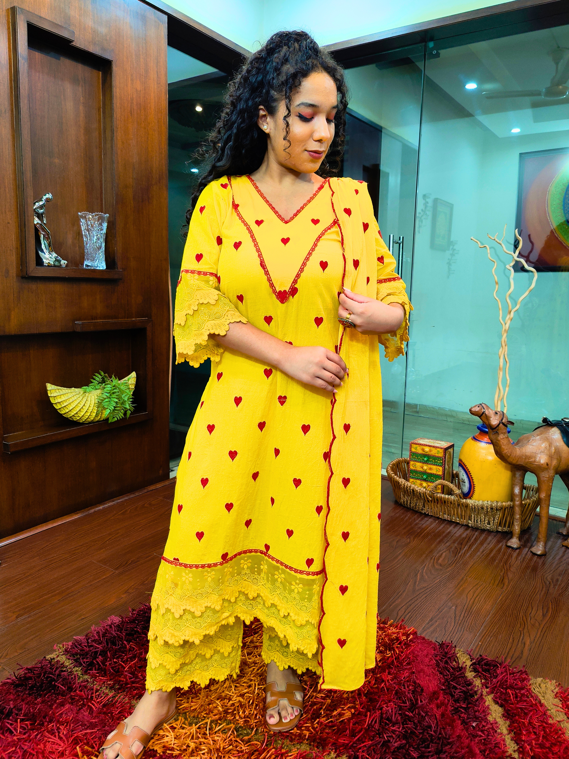 Yellow Heart Embroidered Italian Lace Stitched Suit Set