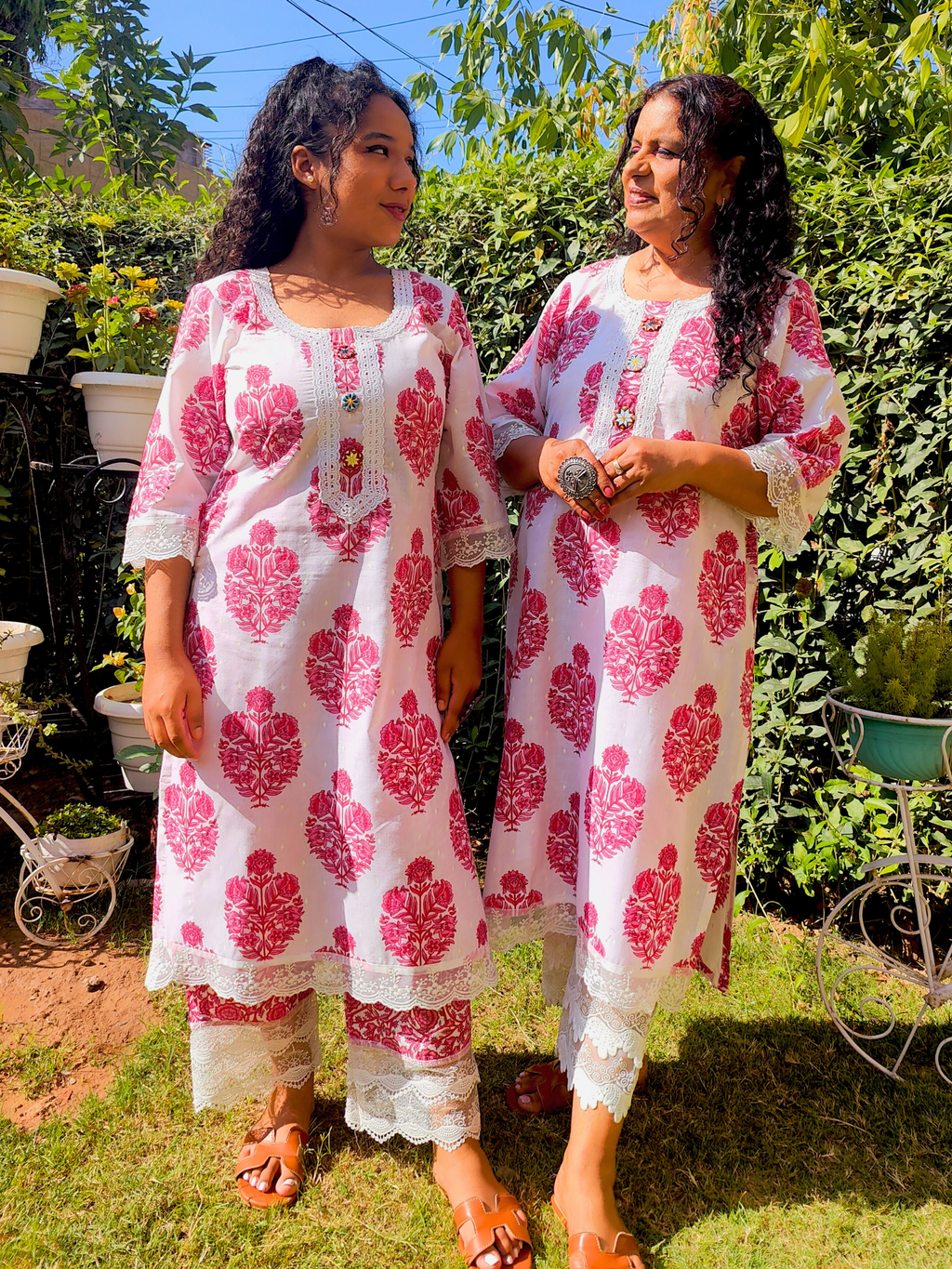 White Handblock Cotton Stitched Co-Ord Set with Mirrors