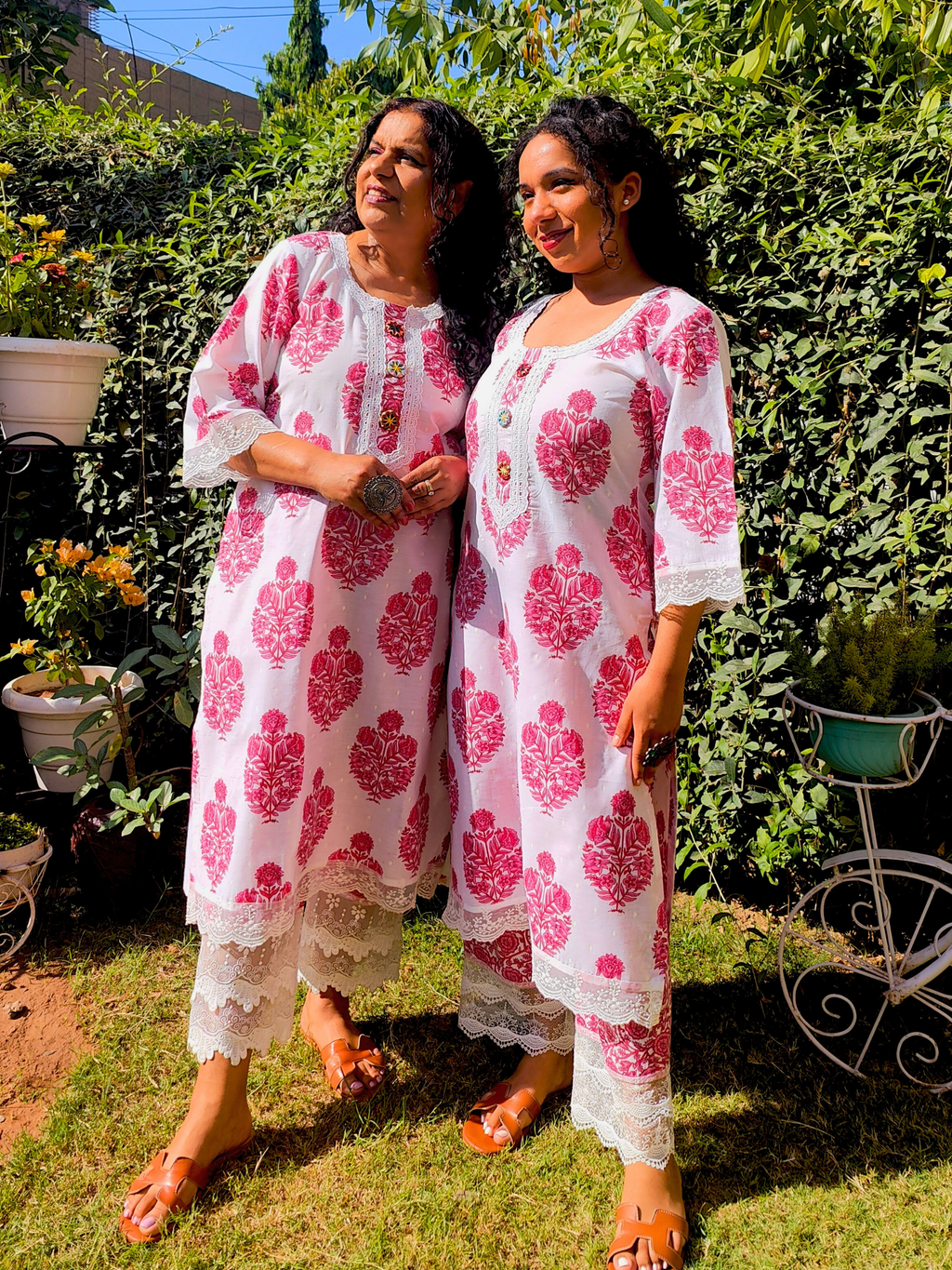 White Handblock Cotton Stitched Co-Ord Set with Mirrors