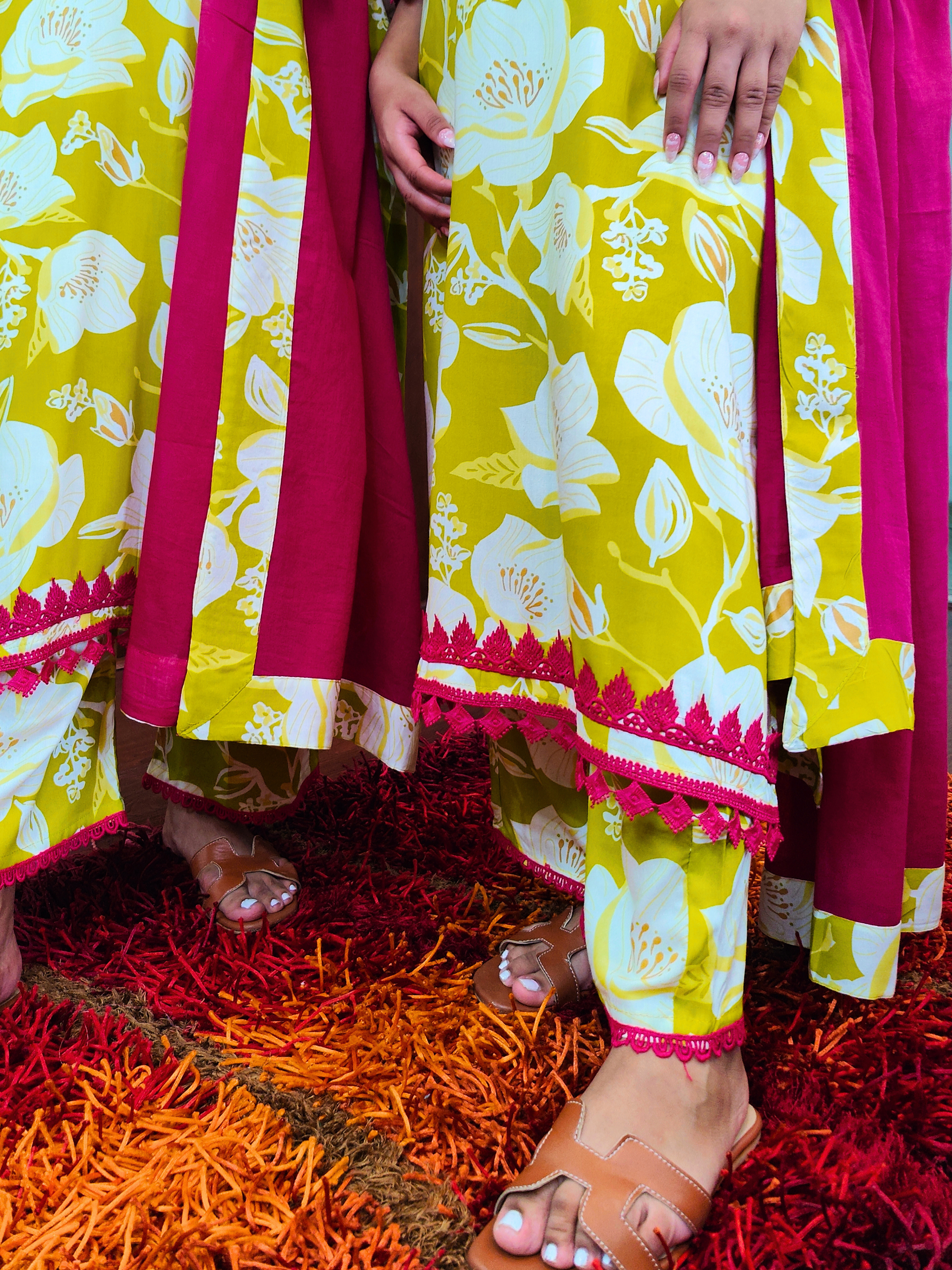 Lime Green Digital Printed Magenta Lace Cotton Stitched Suit Set