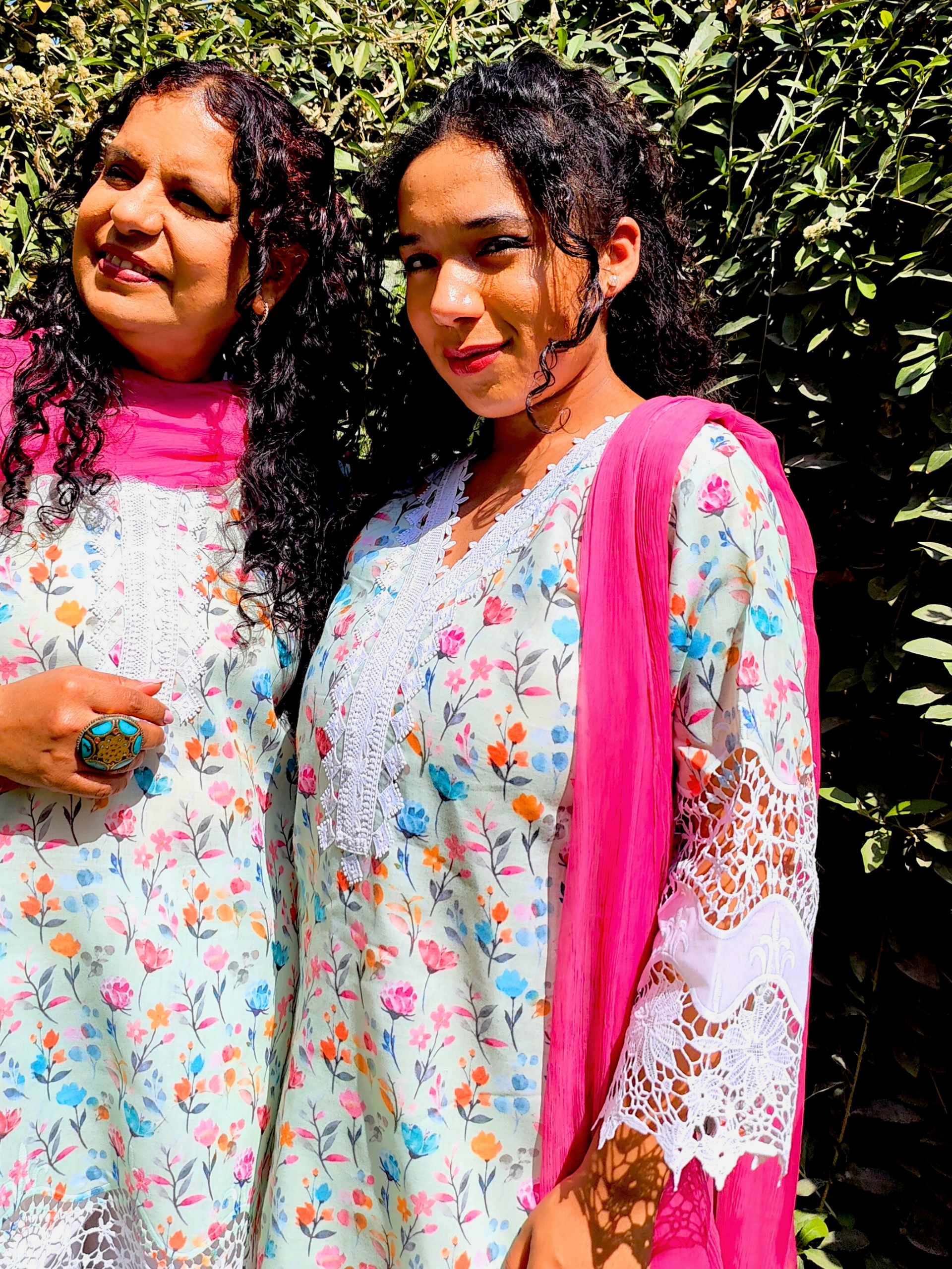 Green White Pakistani Lace Cotton Handblock Stitched Suit Set