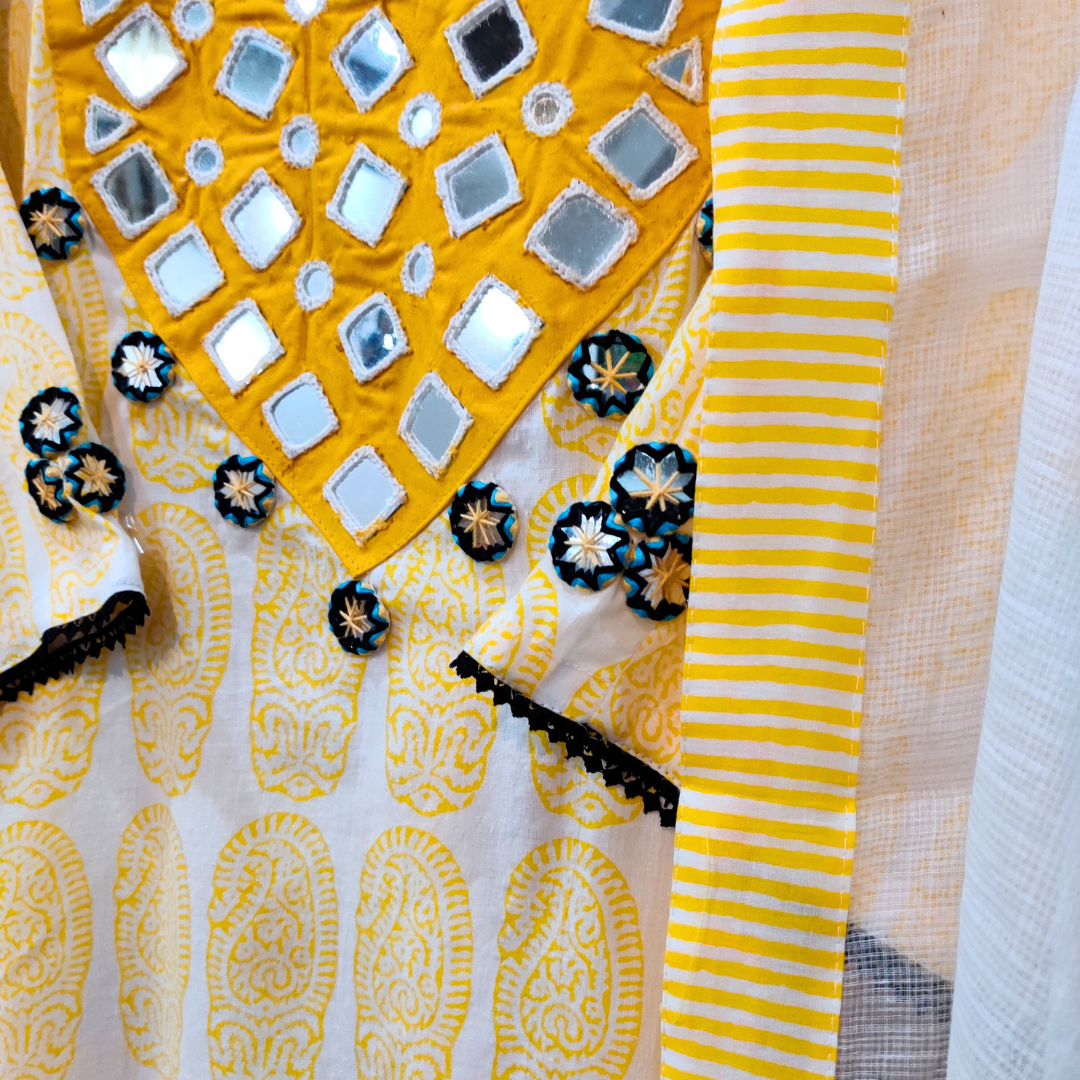 Yellow Handblock Mirror Embroidered Stitched Suit Set