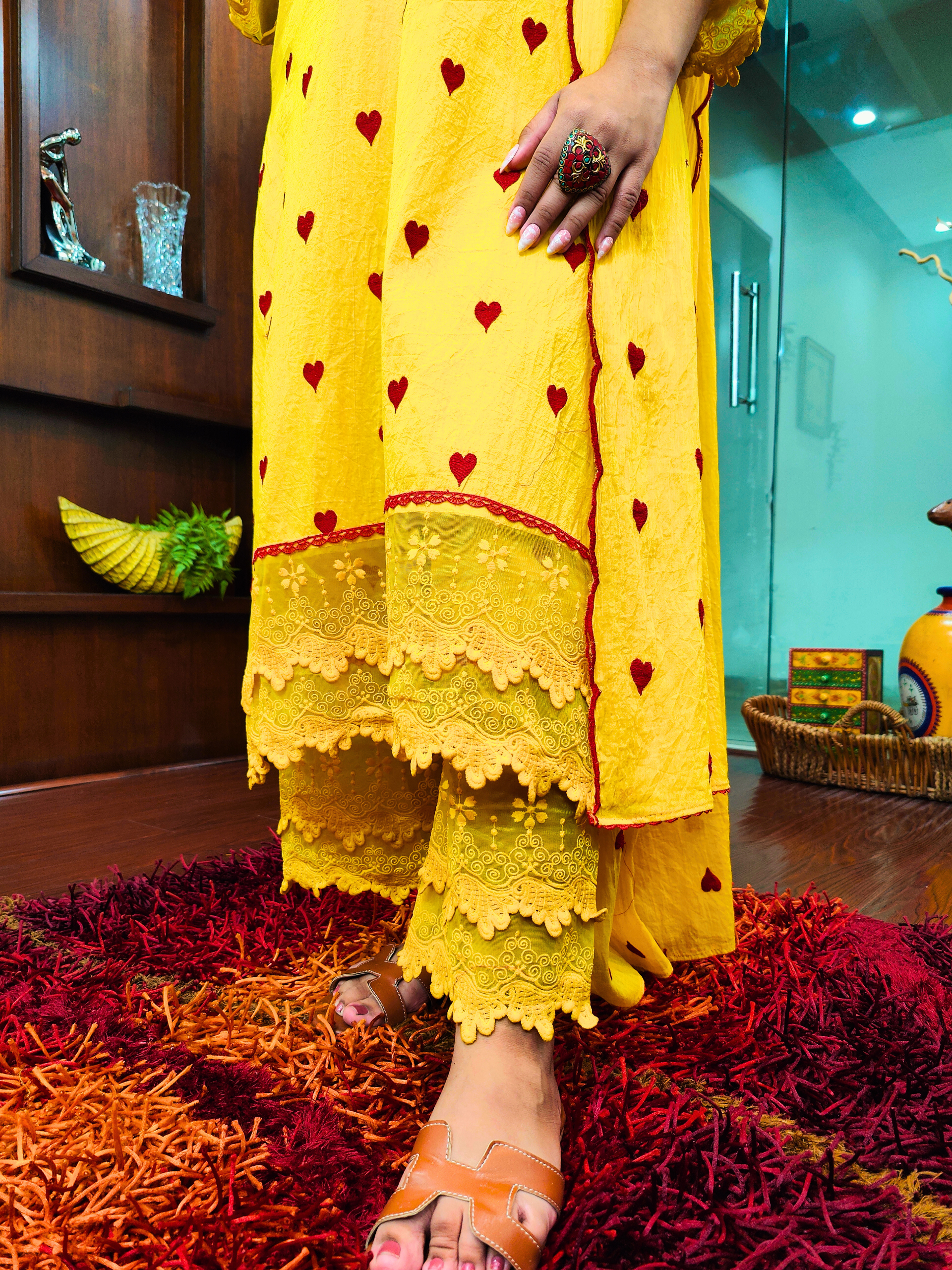 Yellow Heart Embroidered Italian Lace Stitched Suit Set