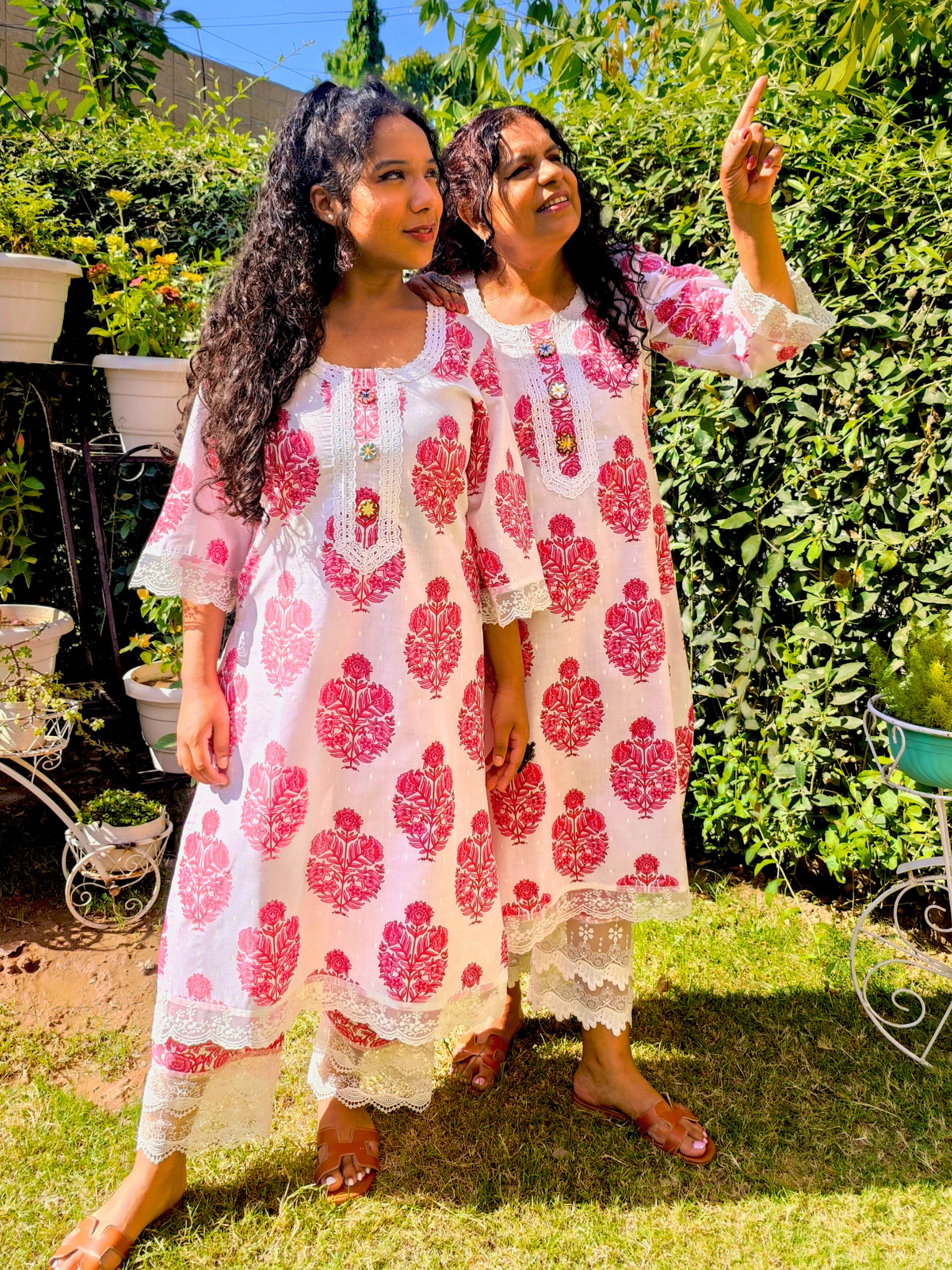 White Handblock Cotton Stitched Co-Ord Set with Mirrors