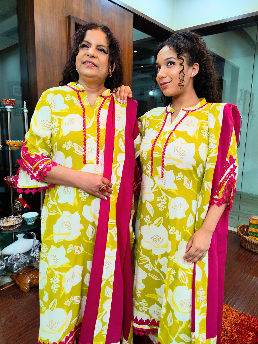 Lime Green Digital Printed Magenta Lace Cotton Stitched Suit Set