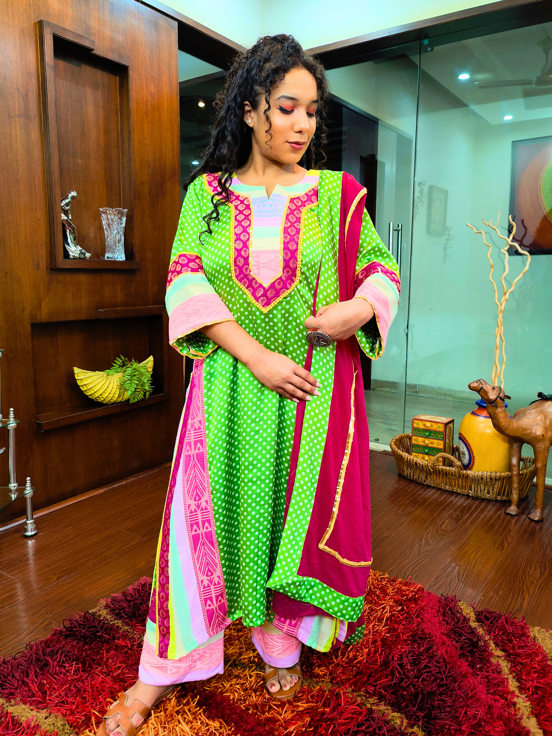 Green Polka Dot Satin Silk Embroidered Stitched Suit Set