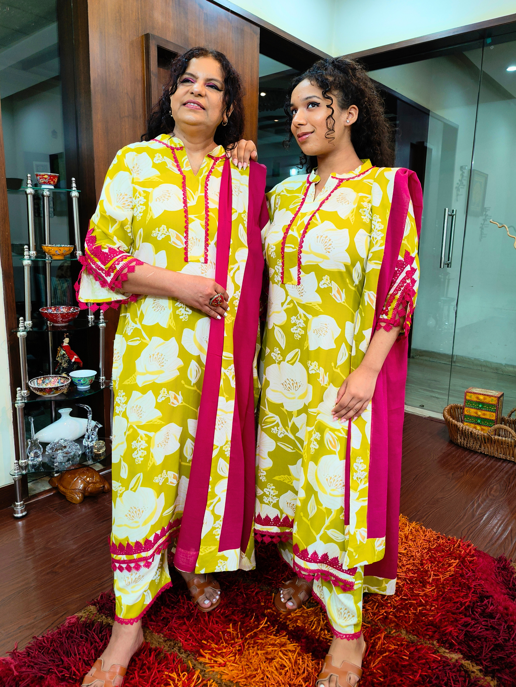 Lime Green Digital Printed Magenta Lace Cotton Stitched Suit Set