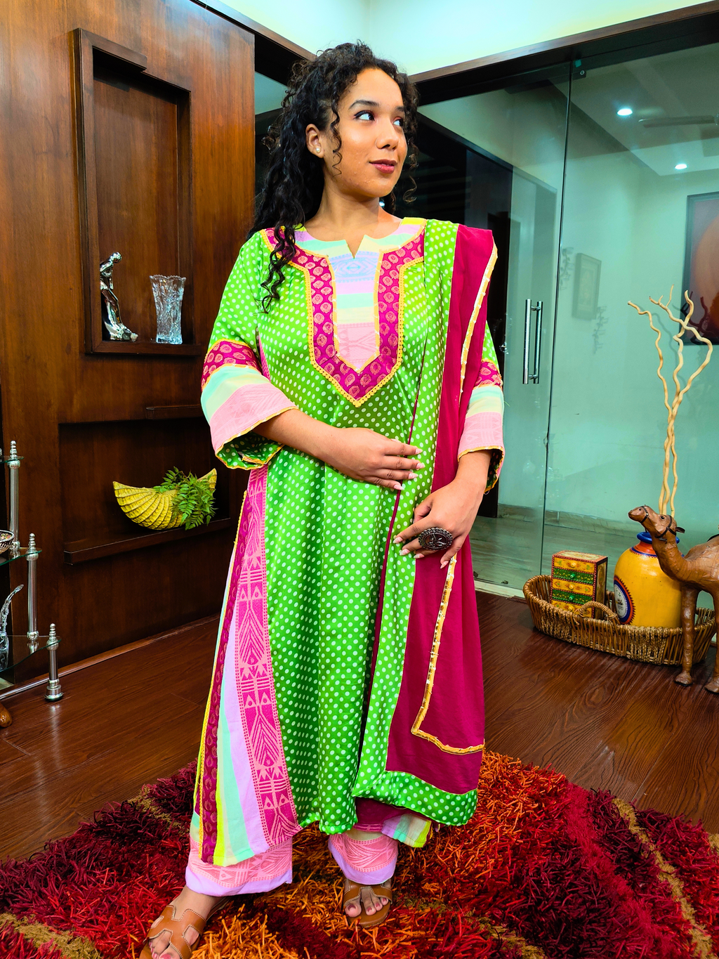 Green Polka Dot Satin Silk Embroidered Stitched Suit Set