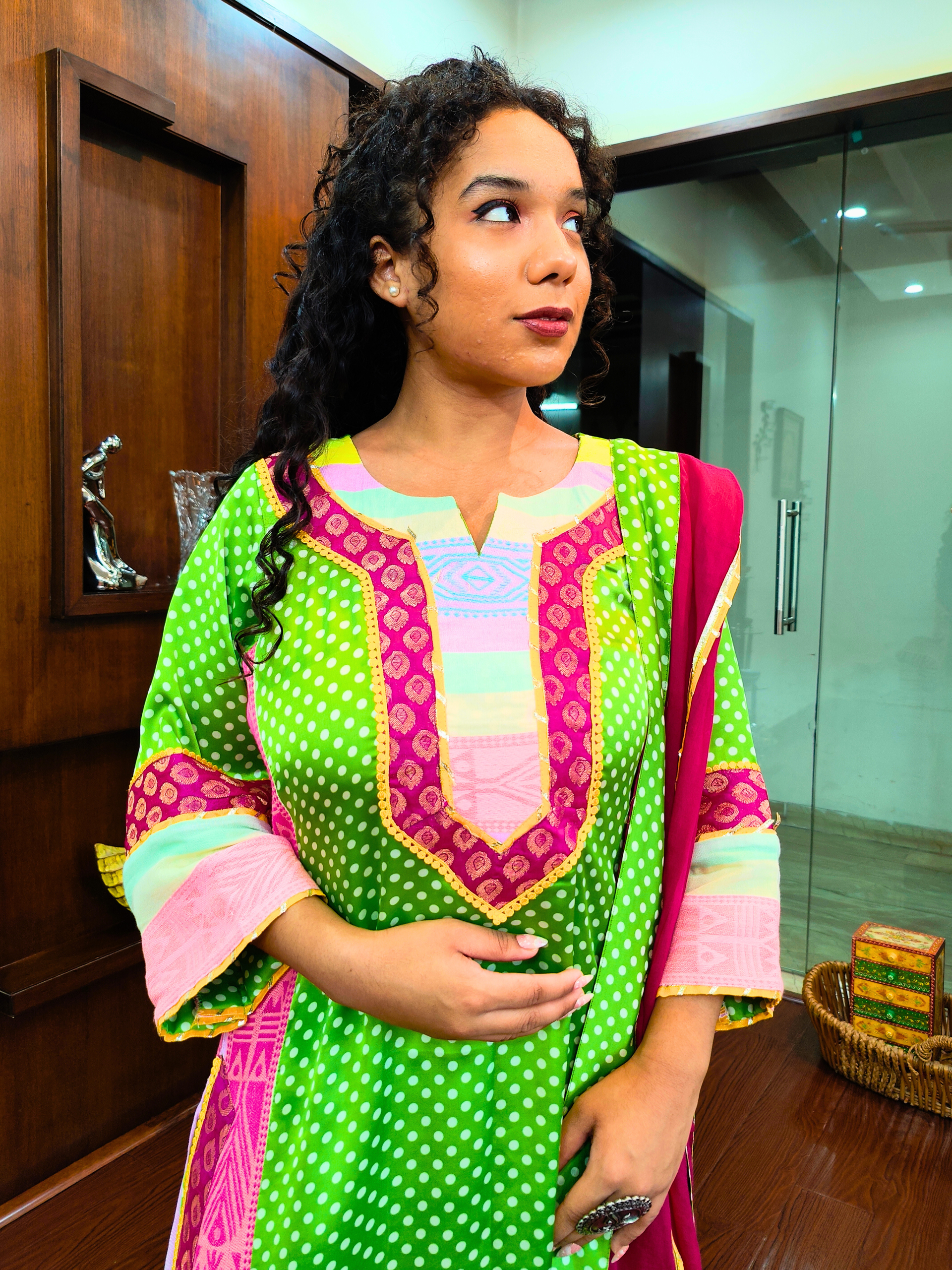 Green Polka Dot Satin Silk Embroidered Stitched Suit Set