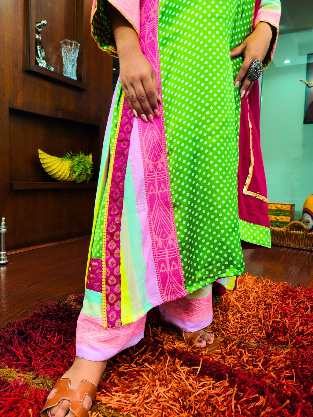 Green Polka Dot Satin Silk Embroidered Stitched Suit Set