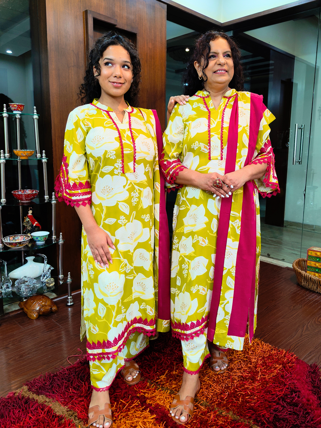 Lime Green Digital Printed Magenta Lace Cotton Stitched Suit Set