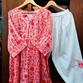 Red and White Digital Printed Satin Silk Stitched Co-Ord Set