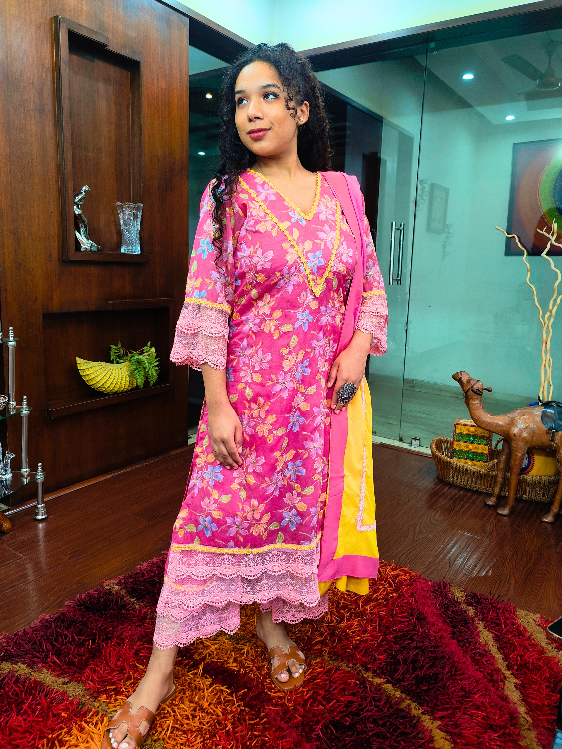 Pink Organza Embroidered Italian Lace Stitched Suit Set