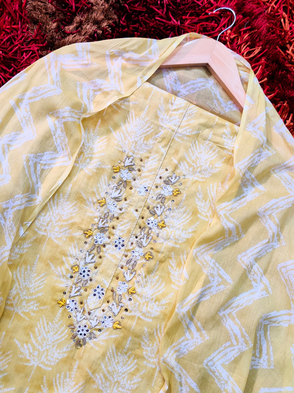 White and Yellow Cotton Unstitched Dress Material Suit Set