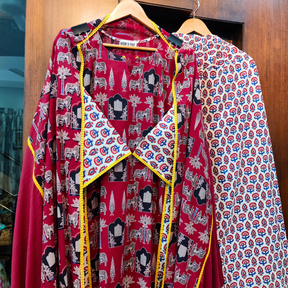 Maroon Ajrakh Yellow Lace Cotton Stitched Suit Set