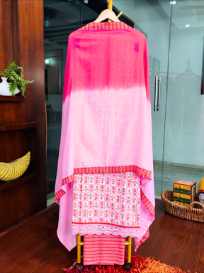 White and Pink Cotton Unstitched Dress Material Suit Set