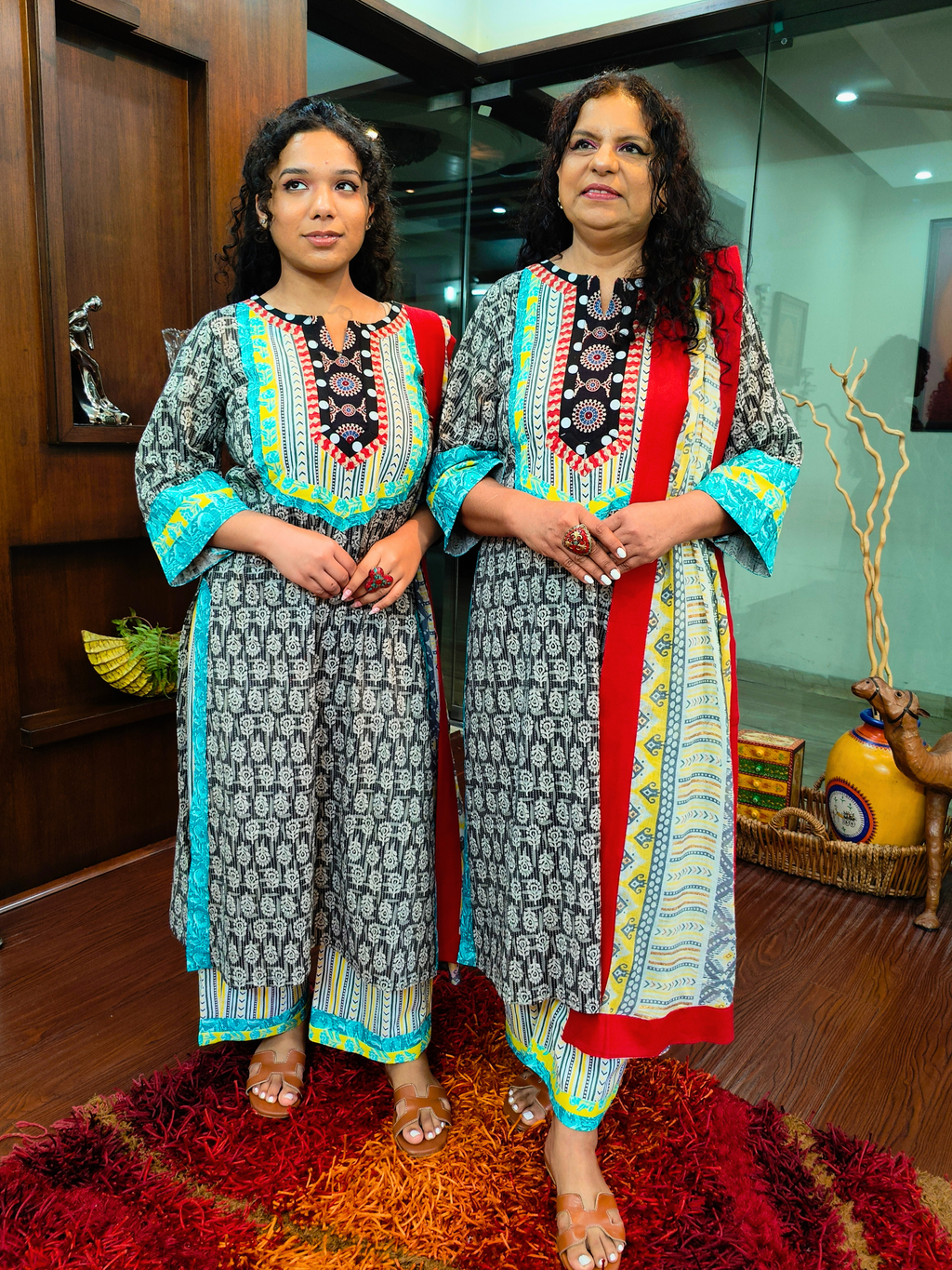 Black Handblock Multi Coloured Cotton Stitched Suit Set