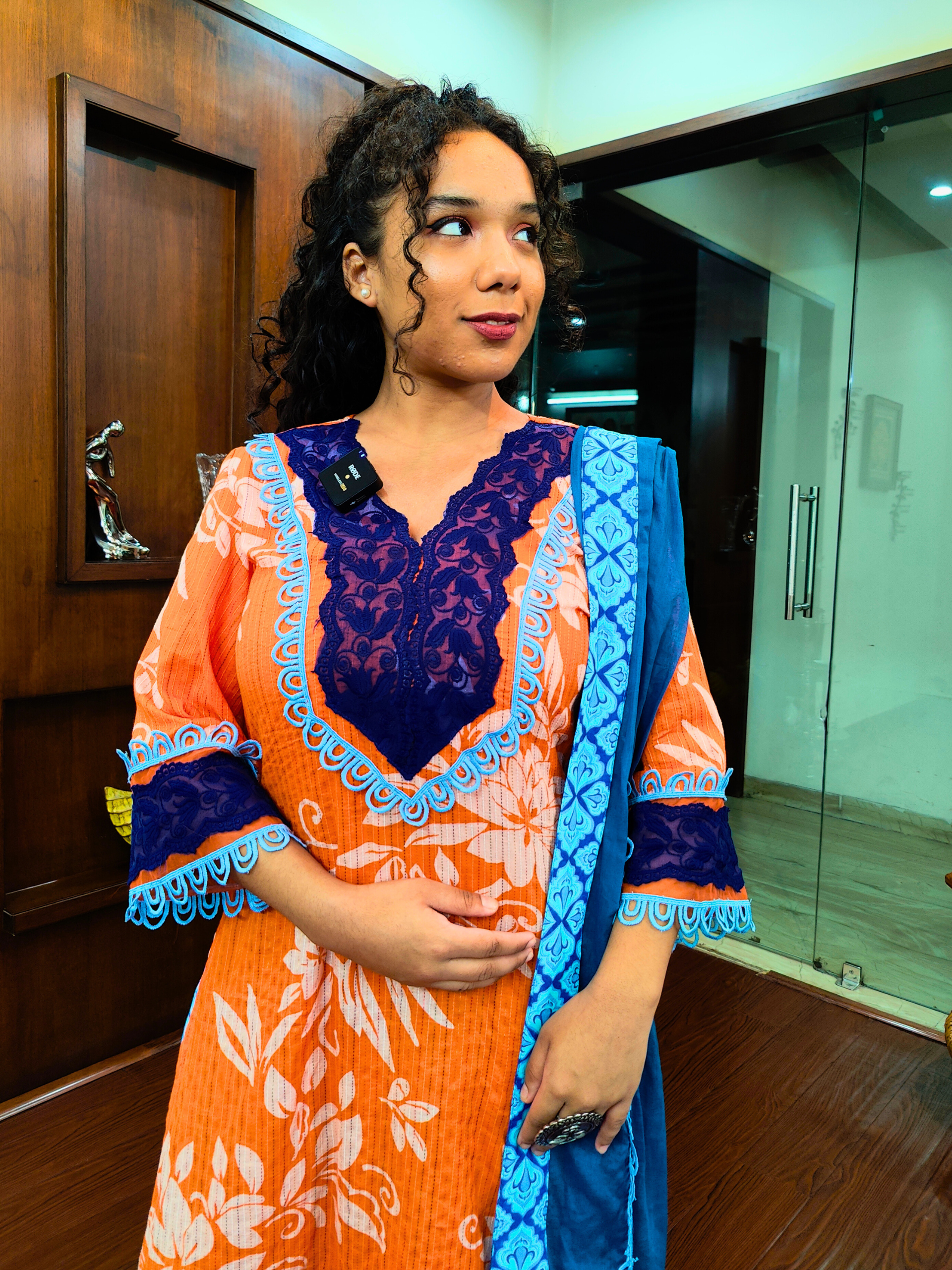 Orange and White Striped Italian Lace Cotton Stitched Suit Set