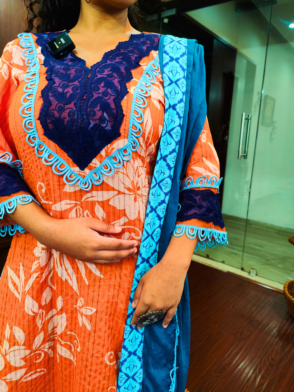 Orange and White Striped Italian Lace Cotton Stitched Suit Set