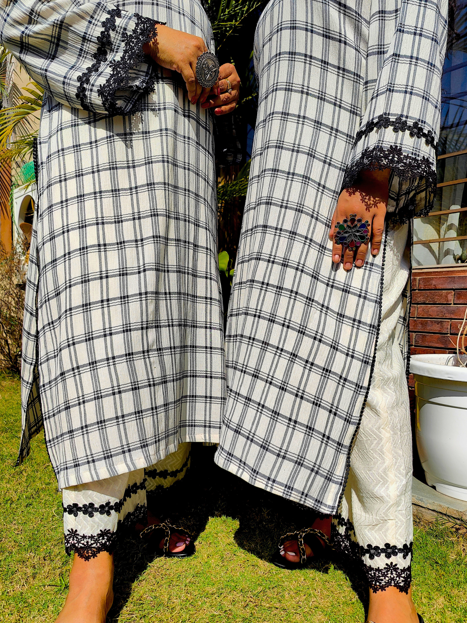 Black and White Checkred Cotton Stitched Co-Ord Set