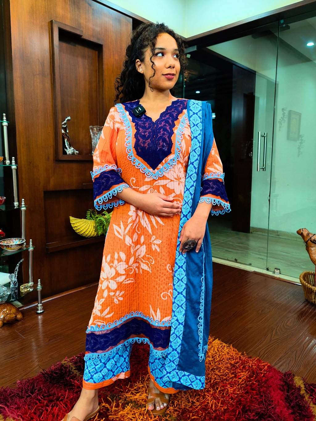 Orange and White Striped Italian Lace Cotton Stitched Suit Set