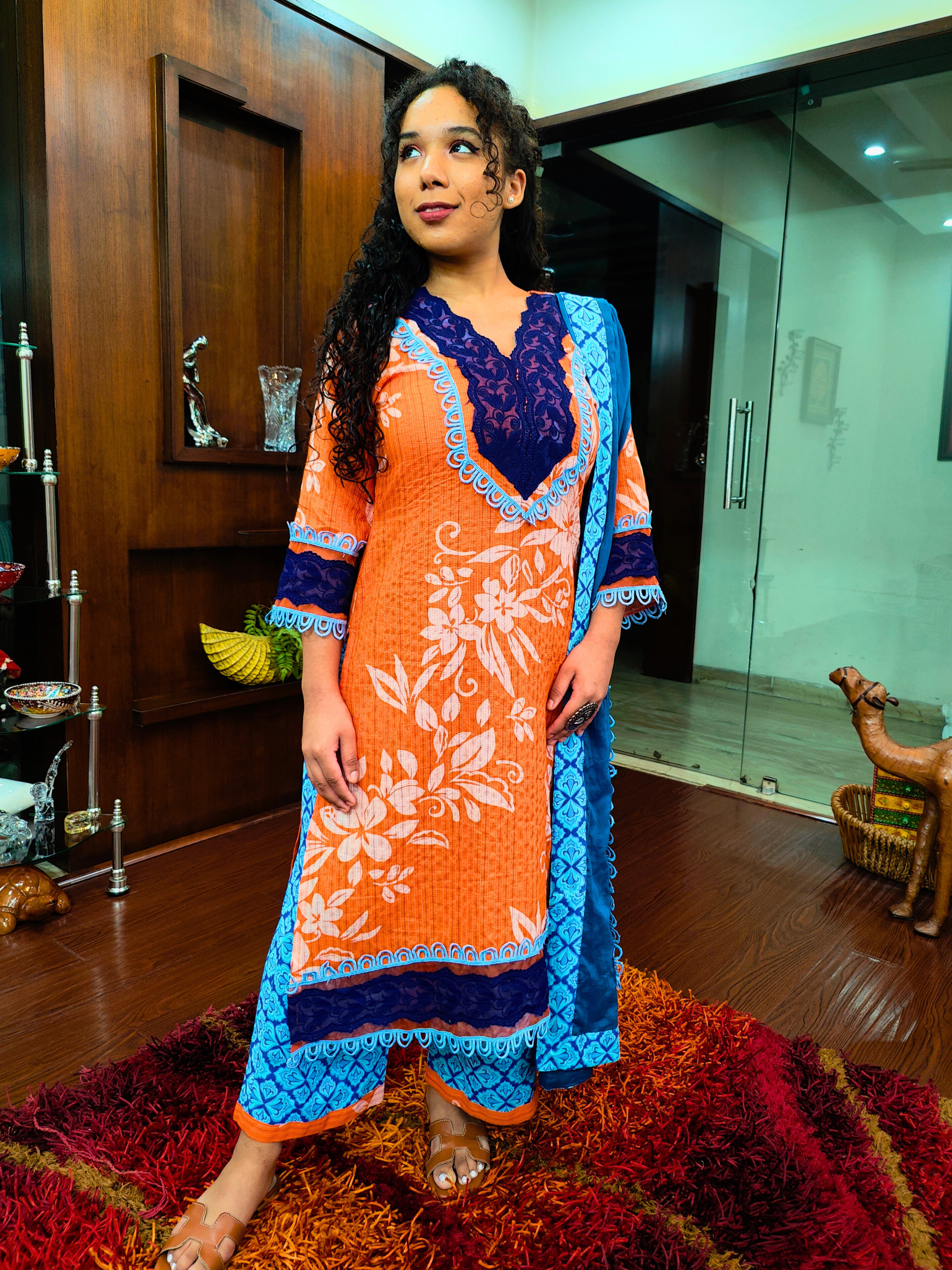 Orange and White Striped Italian Lace Cotton Stitched Suit Set