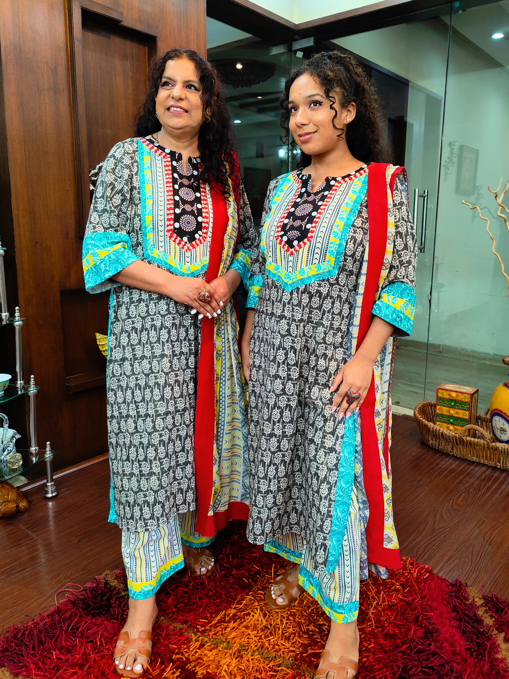 Black Handblock Multi Coloured Cotton Stitched Suit Set