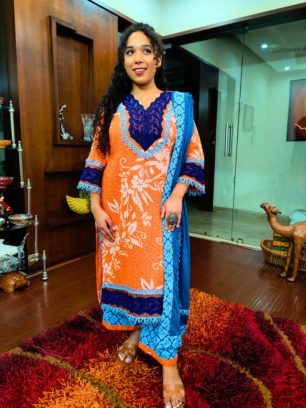 Orange and White Striped Italian Lace Cotton Stitched Suit Set