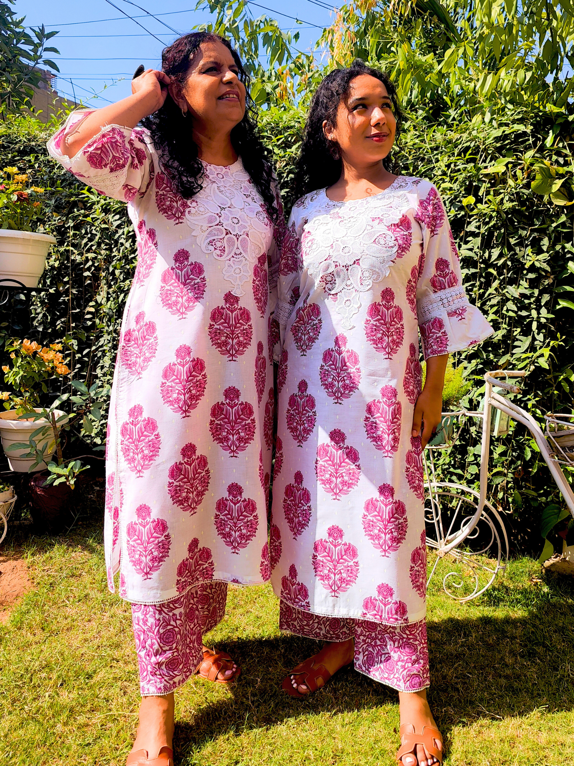 White Handblock Cut Work Lace Cotton Stitched Co-Ord Set